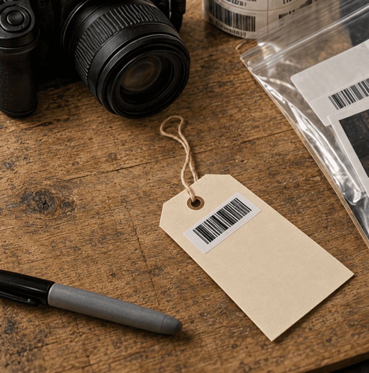 An archival camera and a moving tag bearing a barcode on a wooden tabletop