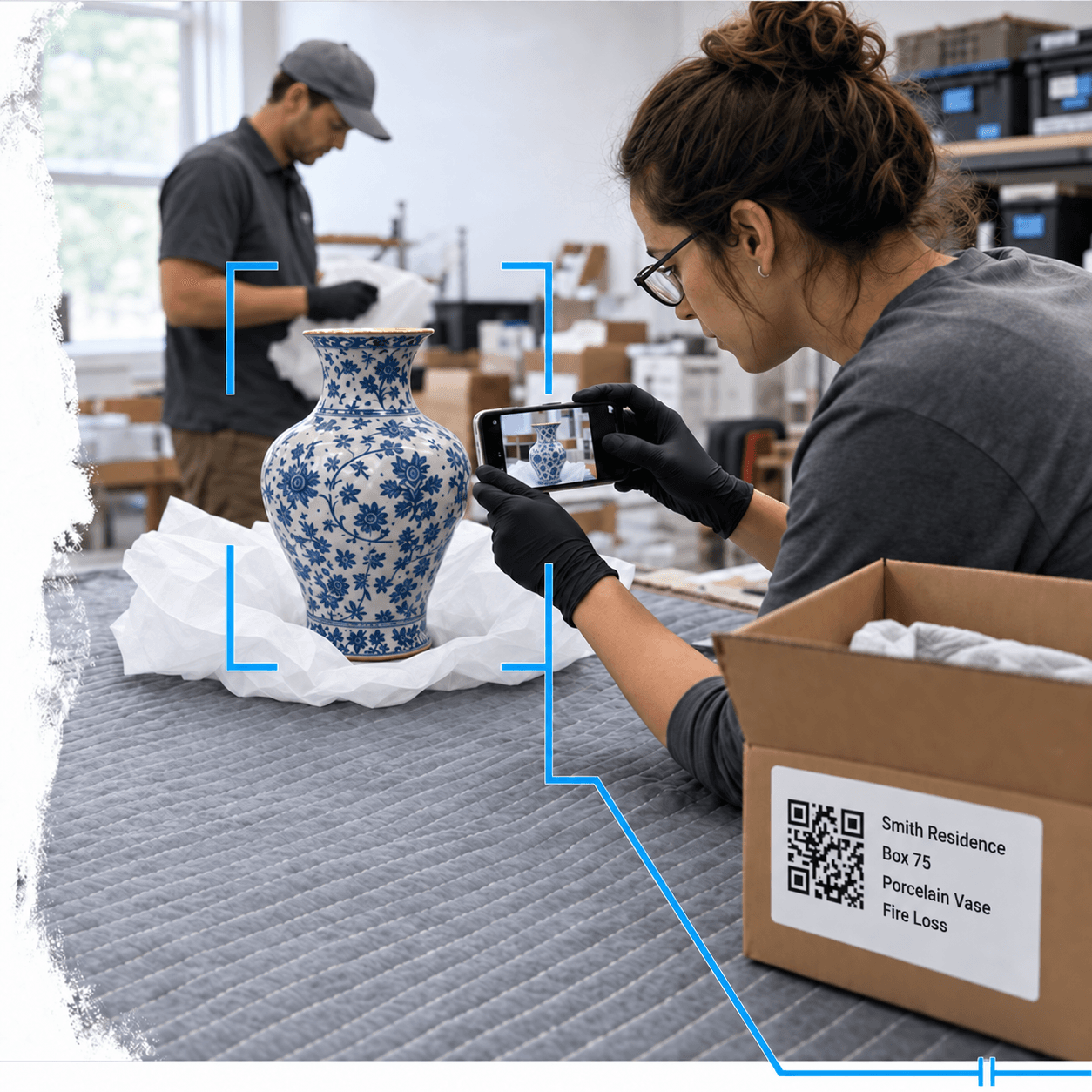 A technician photographing a blue-and-white porcelain vase during pack-out, with a matching phone preview, a QR-labeled box, and blue computer-vision brackets