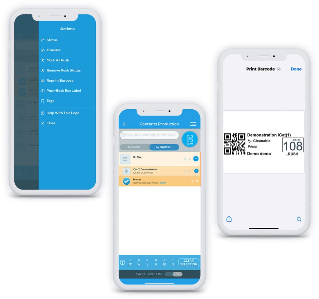 iCat production, QR-coded item labels and pack-back actions