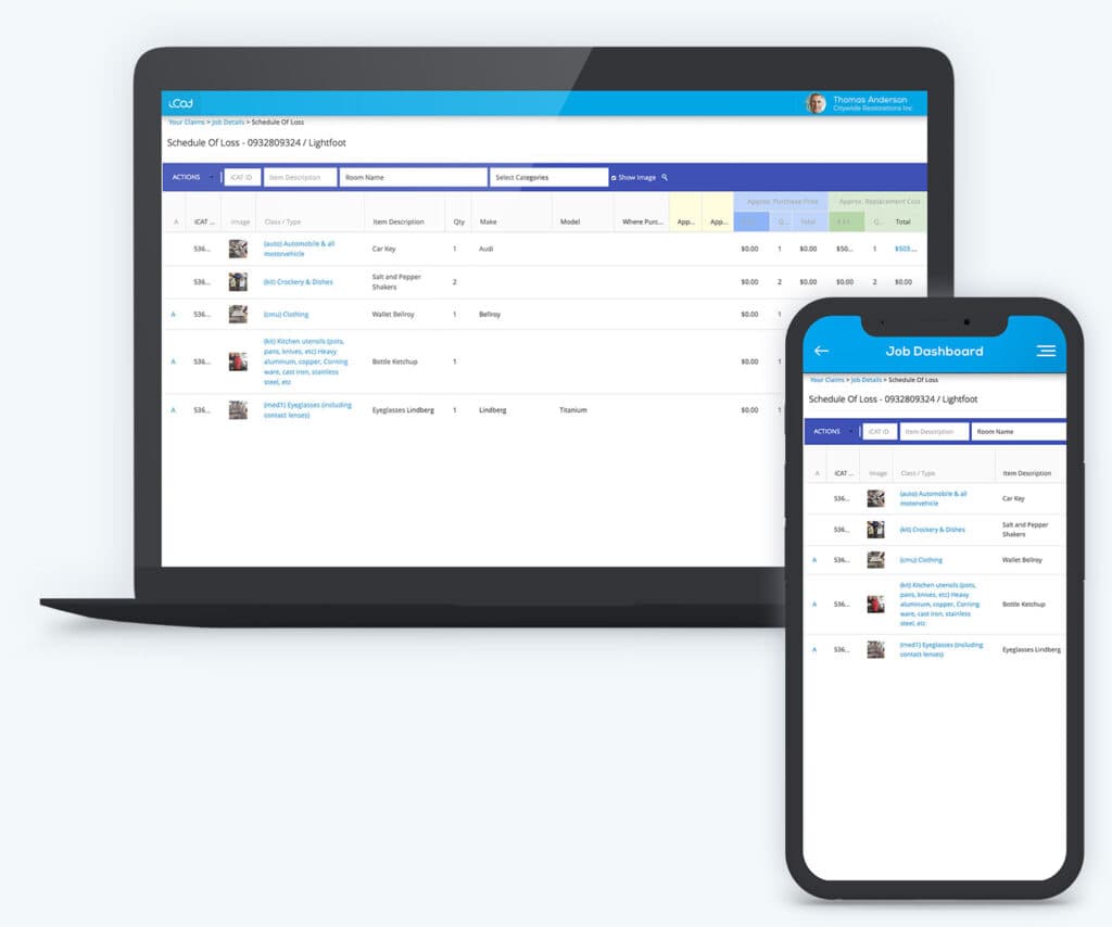 iCat schedule-of-loss valuation on a laptop beside the same job dashboard on a phone